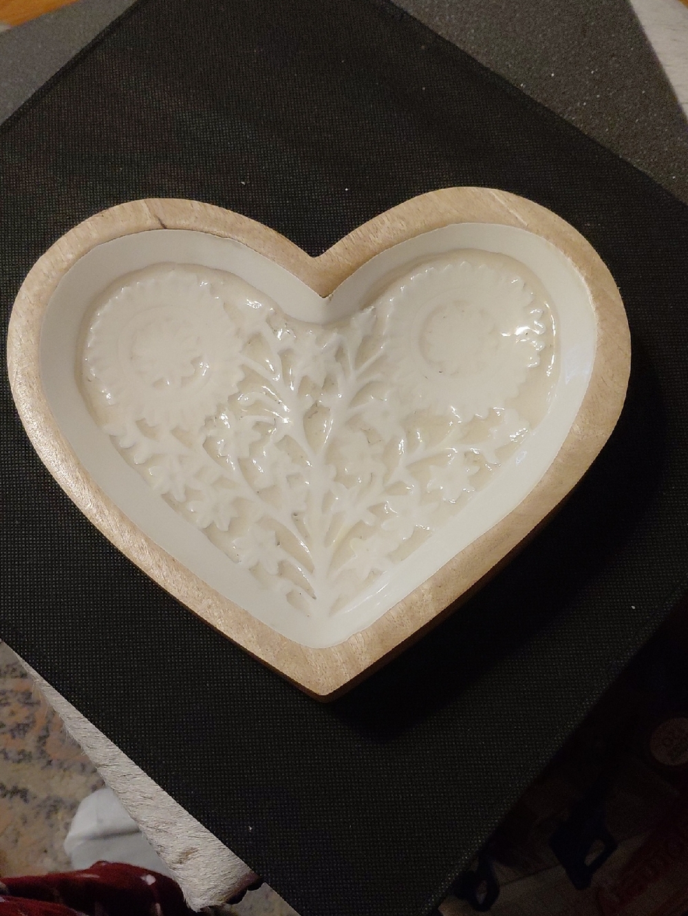 Heart Shaped Decorative Bowl - White Resin Inlay, Light Wood
